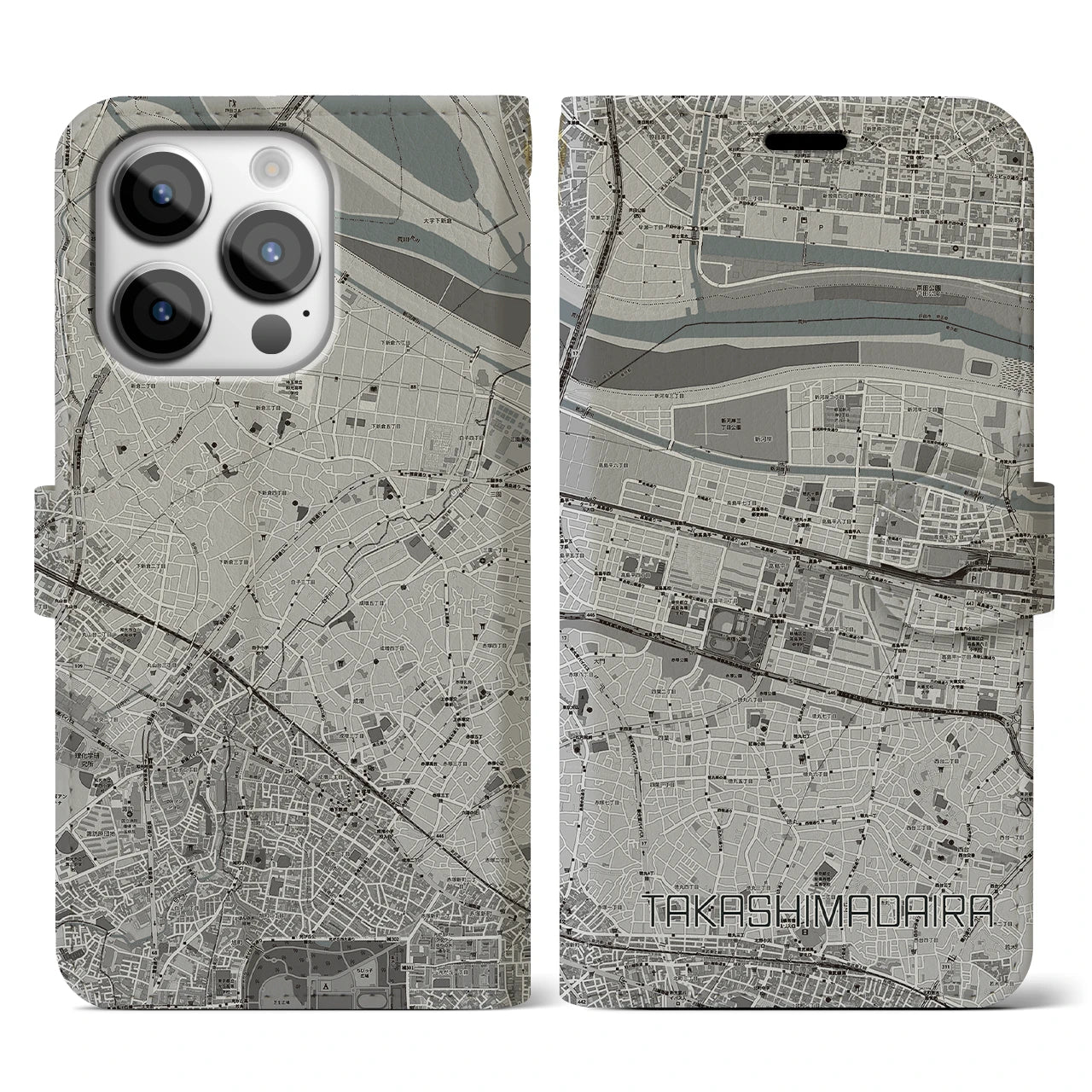 【高島平(東京都)】地図柄iPhoneケース(手帳タイプ)モノトーン・iPhone 14 Pro 用
