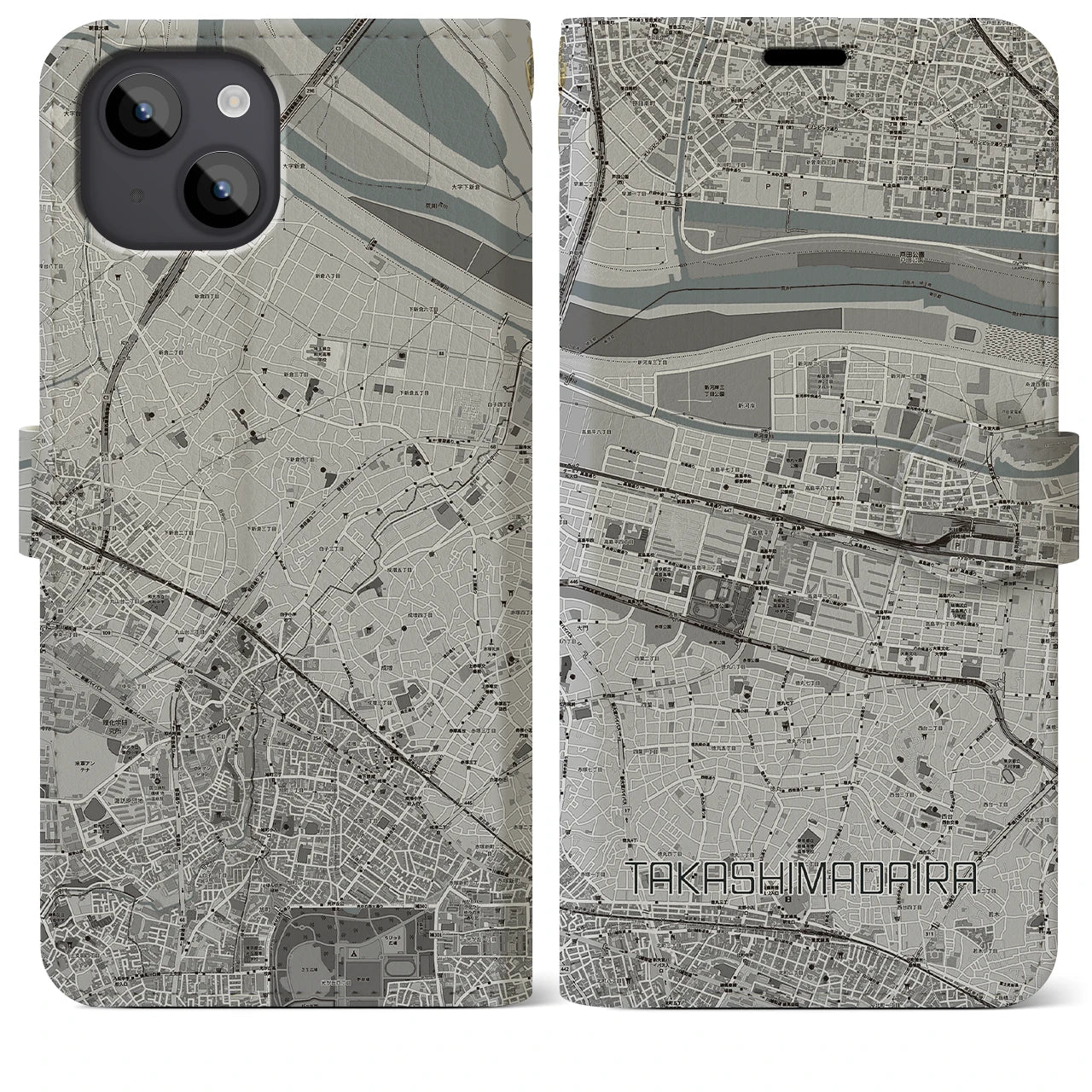【高島平(東京都)】地図柄iPhoneケース(手帳タイプ)モノトーン・iPhone 14 Plus 用