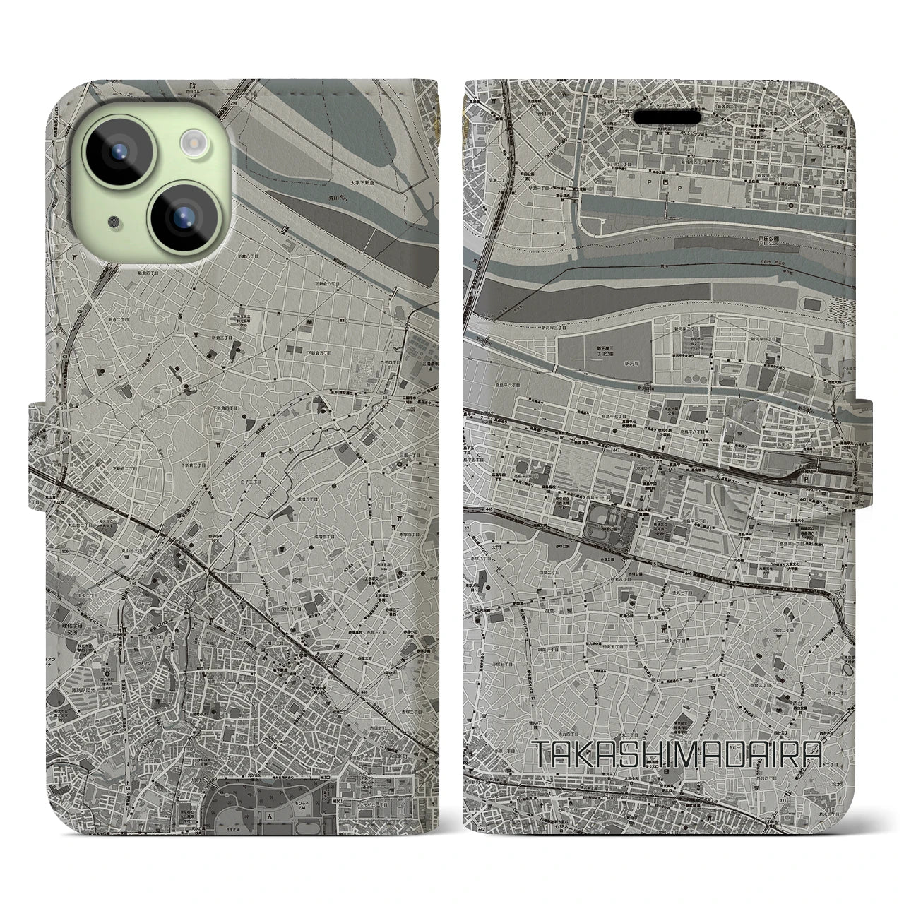 【高島平(東京都)】地図柄iPhoneケース(手帳タイプ)モノトーン・iPhone 15 用