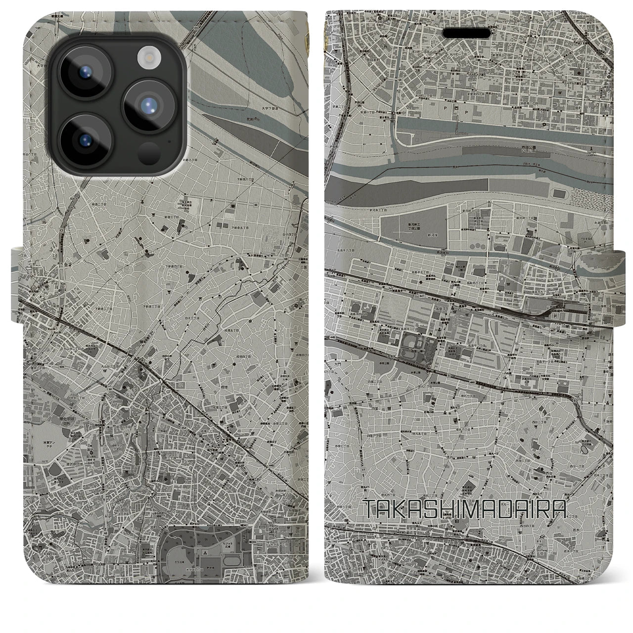 【高島平(東京都)】地図柄iPhoneケース(手帳タイプ)モノトーン・iPhone 15 Pro Max 用