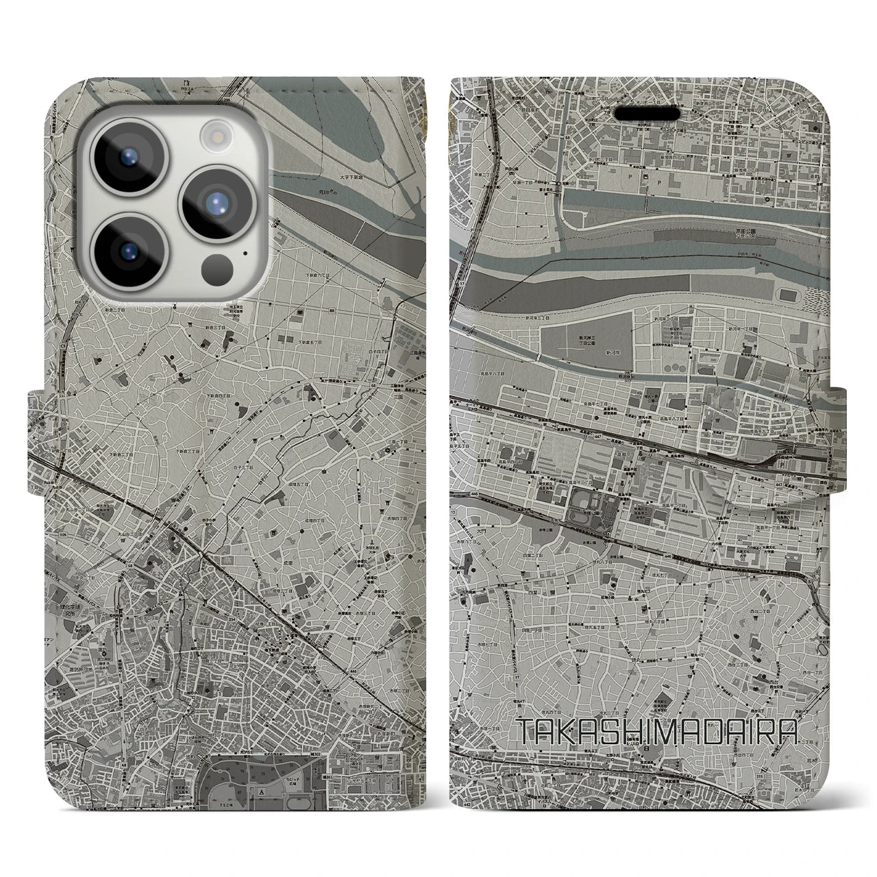 【高島平(東京都)】地図柄iPhoneケース(手帳タイプ)モノトーン・iPhone 15 Pro 用