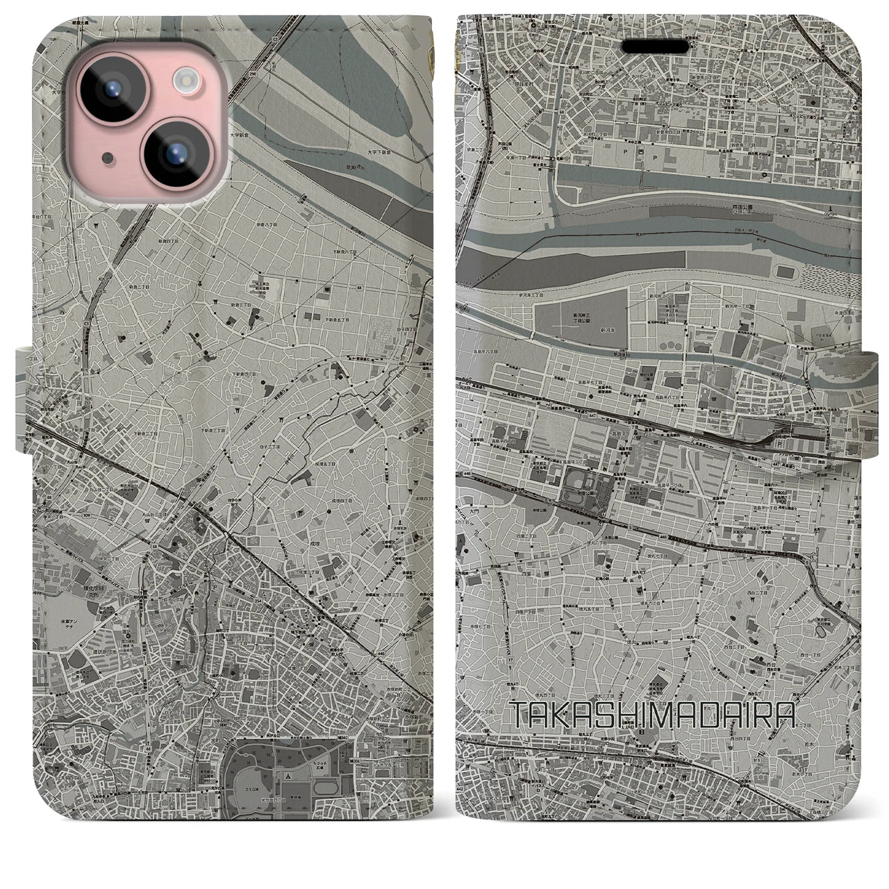 【高島平(東京都)】地図柄iPhoneケース(手帳タイプ)モノトーン・iPhone 15 Plus 用