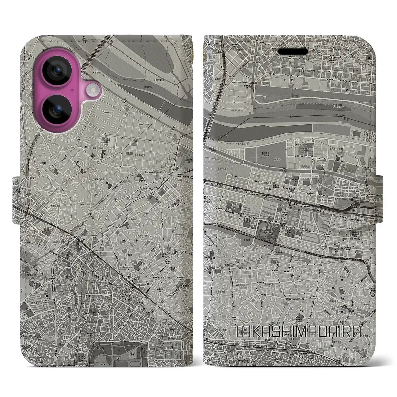 【高島平(東京都)】地図柄iPhoneケース(手帳タイプ)モノトーン・iPhone 16 Pro 用