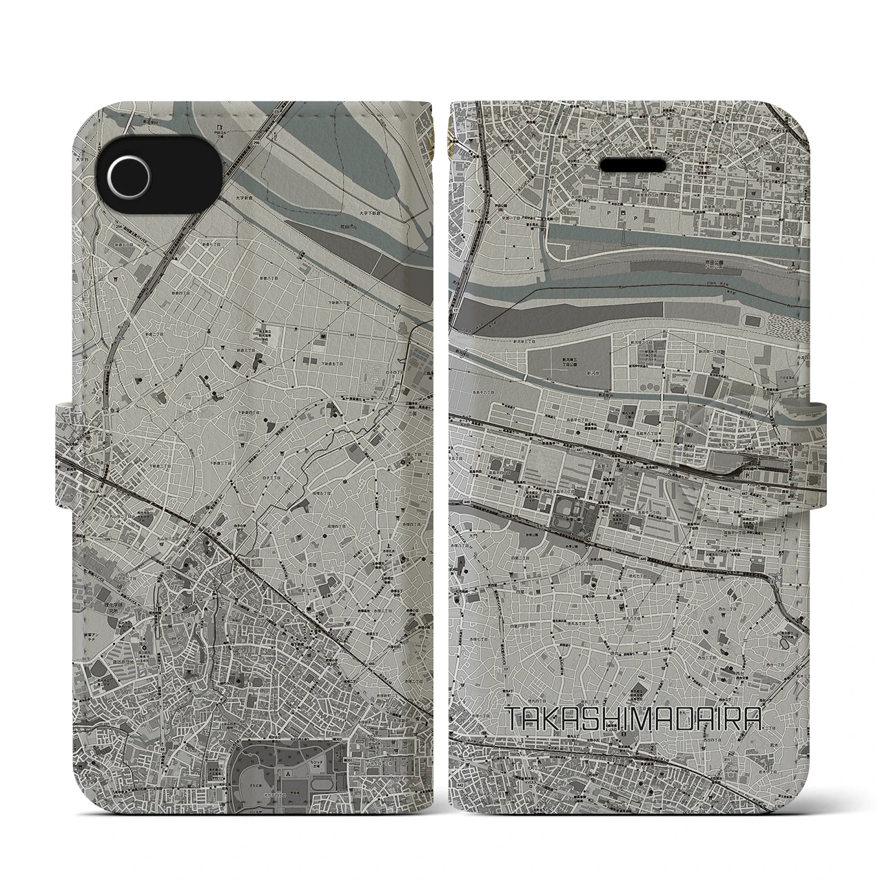 【高島平(東京都)】地図柄iPhoneケース(手帳タイプ)モノトーン・iPhone SE(第3 / 第2世代) / 8 / 7 / 6s / 6 用