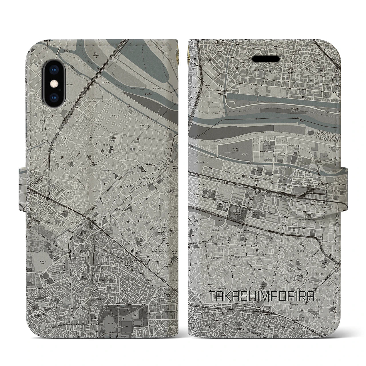 【高島平(東京都)】地図柄iPhoneケース(手帳タイプ)モノトーン・iPhone XS / X 用