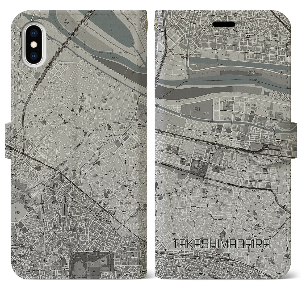 【高島平(東京都)】地図柄iPhoneケース(手帳タイプ)モノトーン・iPhone XS Max 用