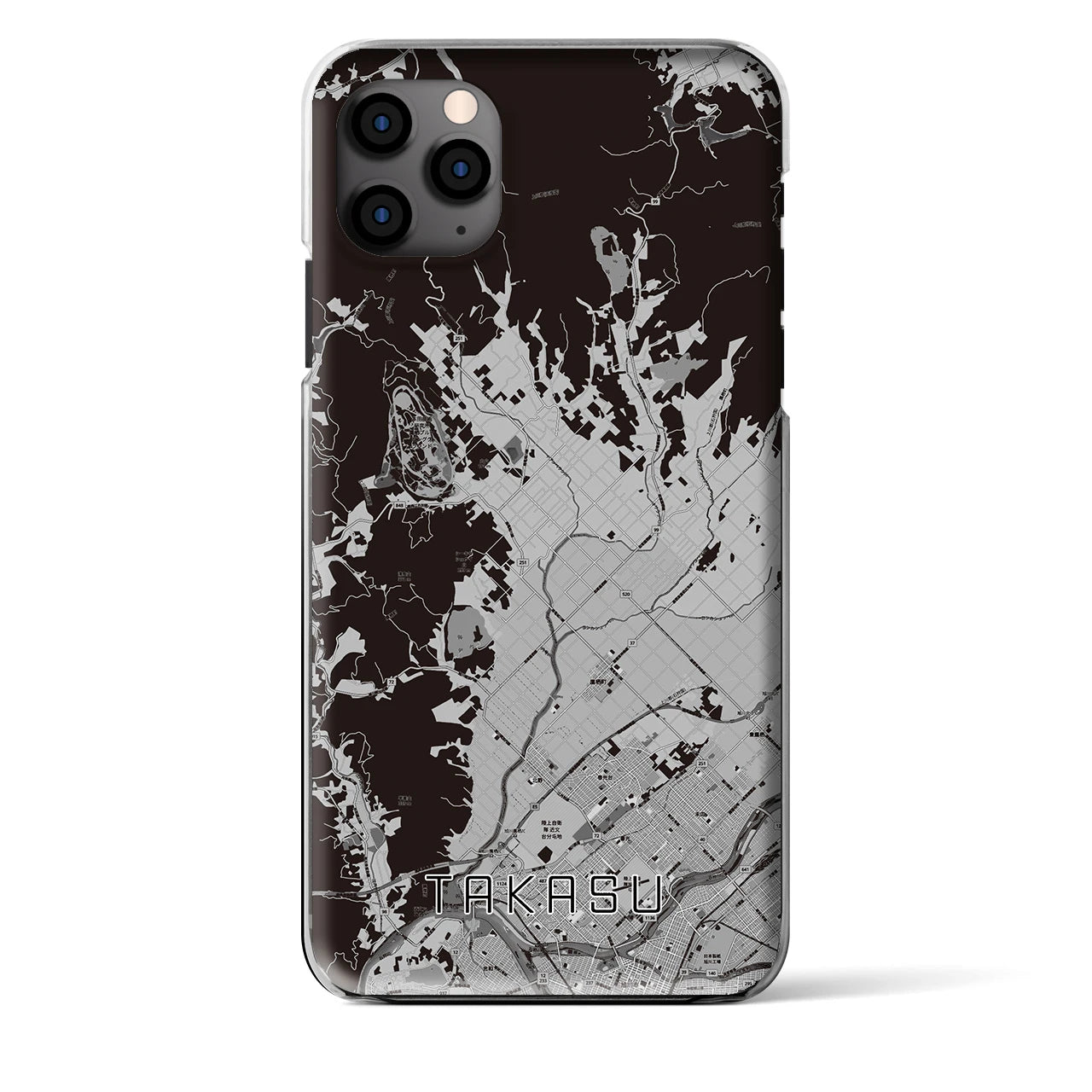 【鷹栖(北海道)】地図柄iPhoneケース(クリアタイプ)モノトーン・iPhone 11 Pro Max 用