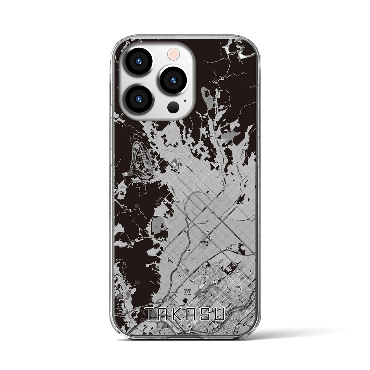 【鷹栖(北海道)】地図柄iPhoneケース(クリアタイプ)モノトーン・iPhone 13 Pro 用