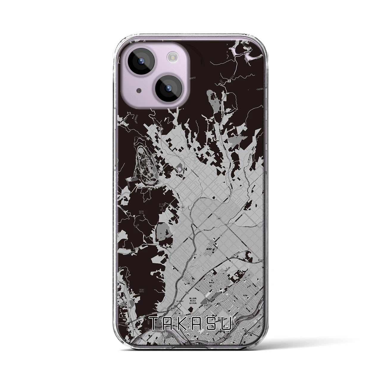 【鷹栖(北海道)】地図柄iPhoneケース(クリアタイプ)モノトーン・iPhone 14 用