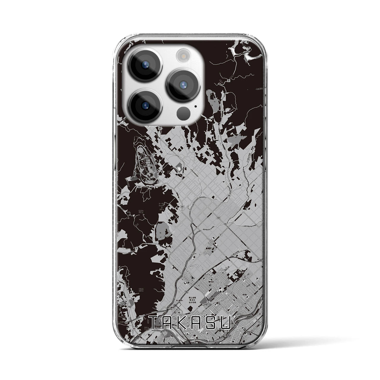 【鷹栖(北海道)】地図柄iPhoneケース(クリアタイプ)モノトーン・iPhone 14 Pro 用