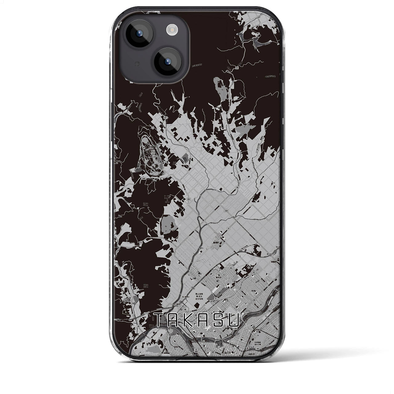 【鷹栖(北海道)】地図柄iPhoneケース(クリアタイプ)モノトーン・iPhone 14 Plus 用