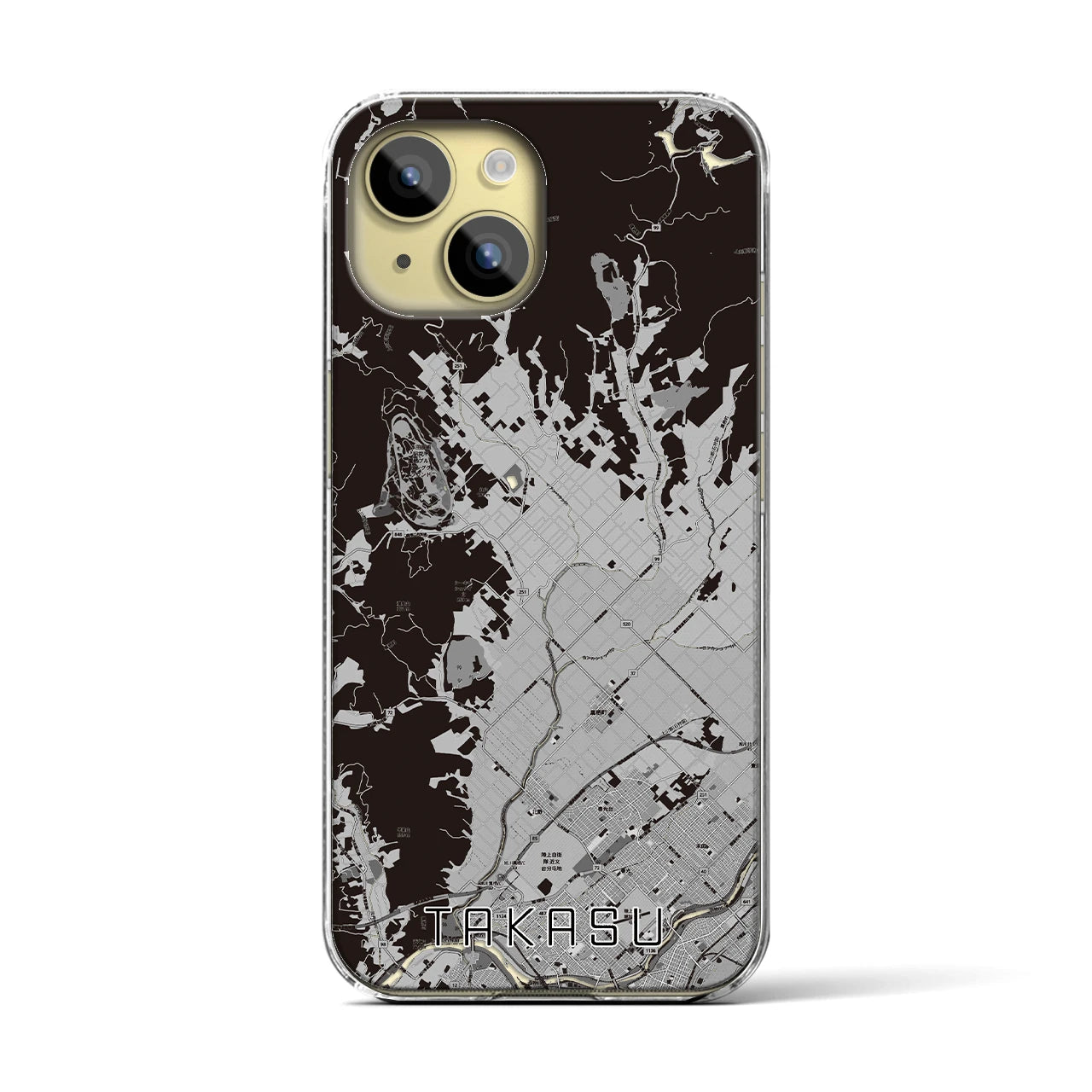 【鷹栖(北海道)】地図柄iPhoneケース(クリアタイプ)モノトーン・iPhone 15 用