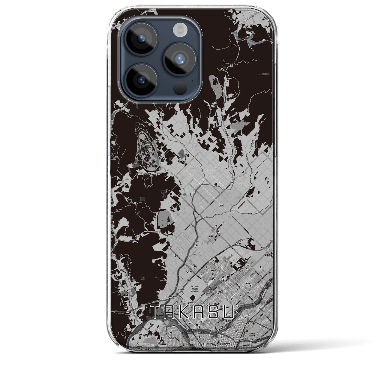 【鷹栖(北海道)】地図柄iPhoneケース(クリアタイプ)モノトーン・iPhone 15 Pro Max 用