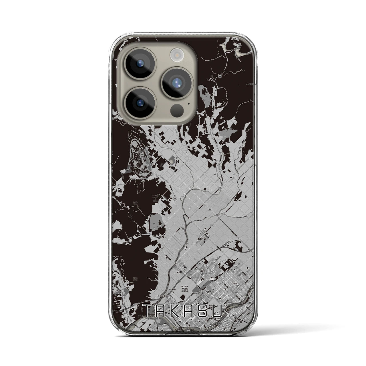【鷹栖(北海道)】地図柄iPhoneケース(クリアタイプ)モノトーン・iPhone 15 Pro 用