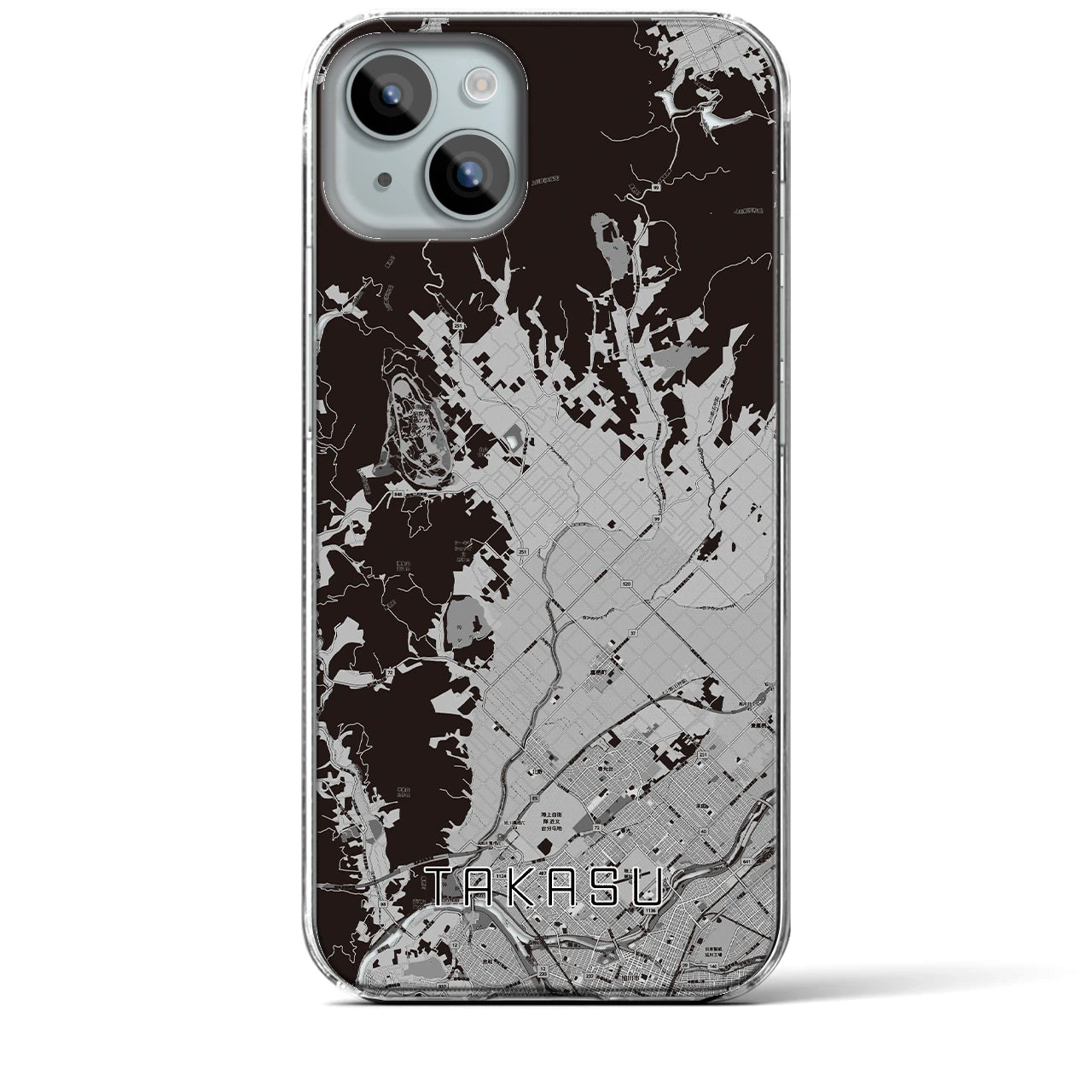 【鷹栖(北海道)】地図柄iPhoneケース(クリアタイプ)モノトーン・iPhone 15 Plus 用