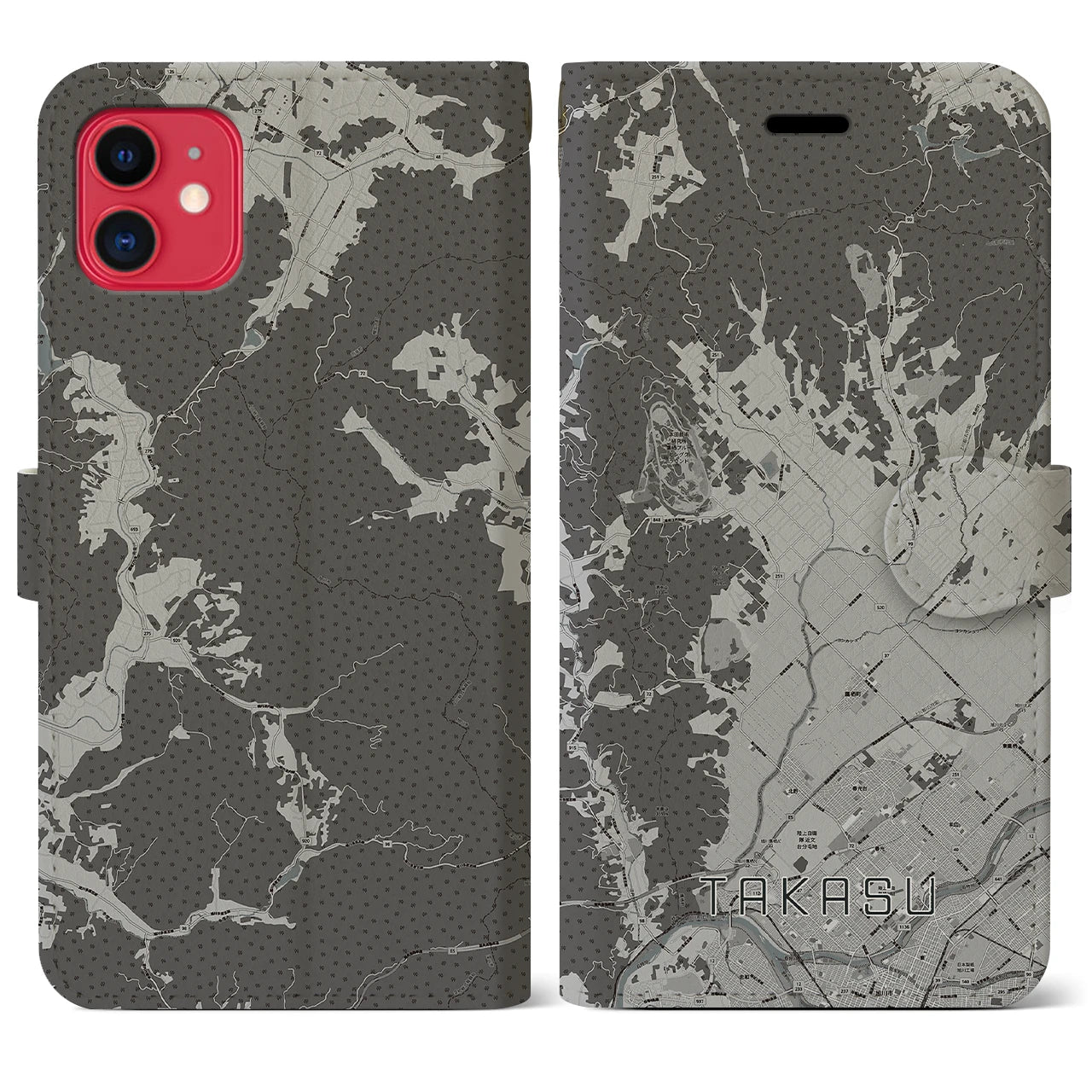 【鷹栖(北海道)】地図柄iPhoneケース(手帳タイプ)モノトーン・iPhone 11 用