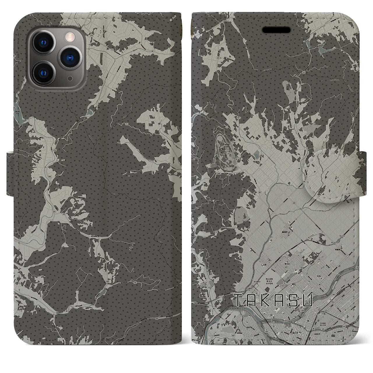【鷹栖(北海道)】地図柄iPhoneケース(手帳タイプ)モノトーン・iPhone 11 Pro Max 用