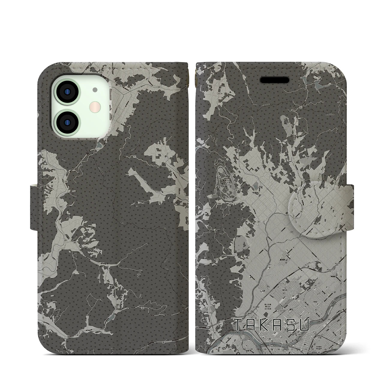 【鷹栖(北海道)】地図柄iPhoneケース(手帳タイプ)モノトーン・iPhone 12 mini 用