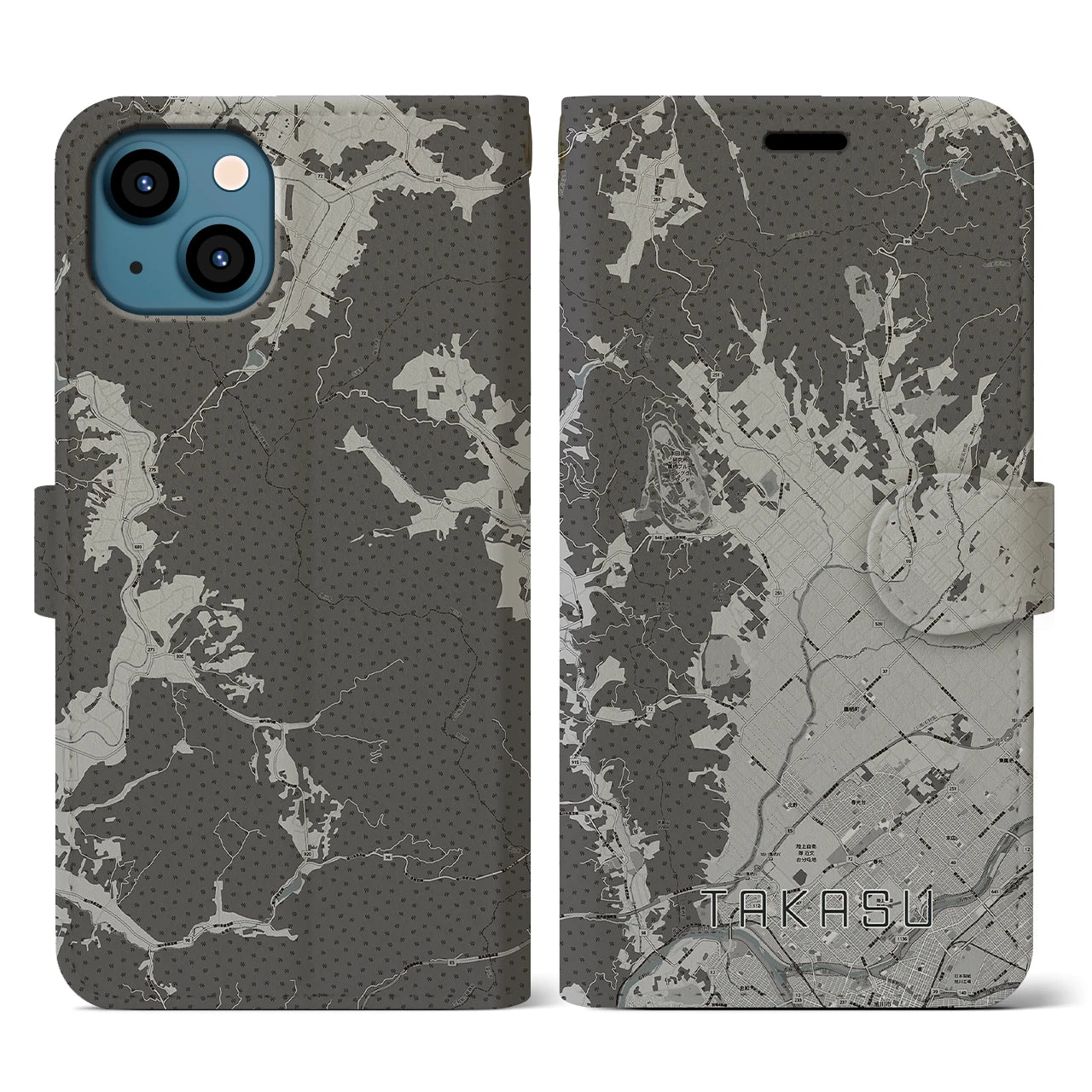 【鷹栖(北海道)】地図柄iPhoneケース(手帳タイプ)モノトーン・iPhone 13 用