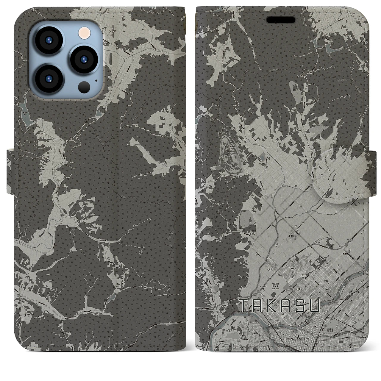 【鷹栖(北海道)】地図柄iPhoneケース(手帳タイプ)モノトーン・iPhone 13 Pro Max 用