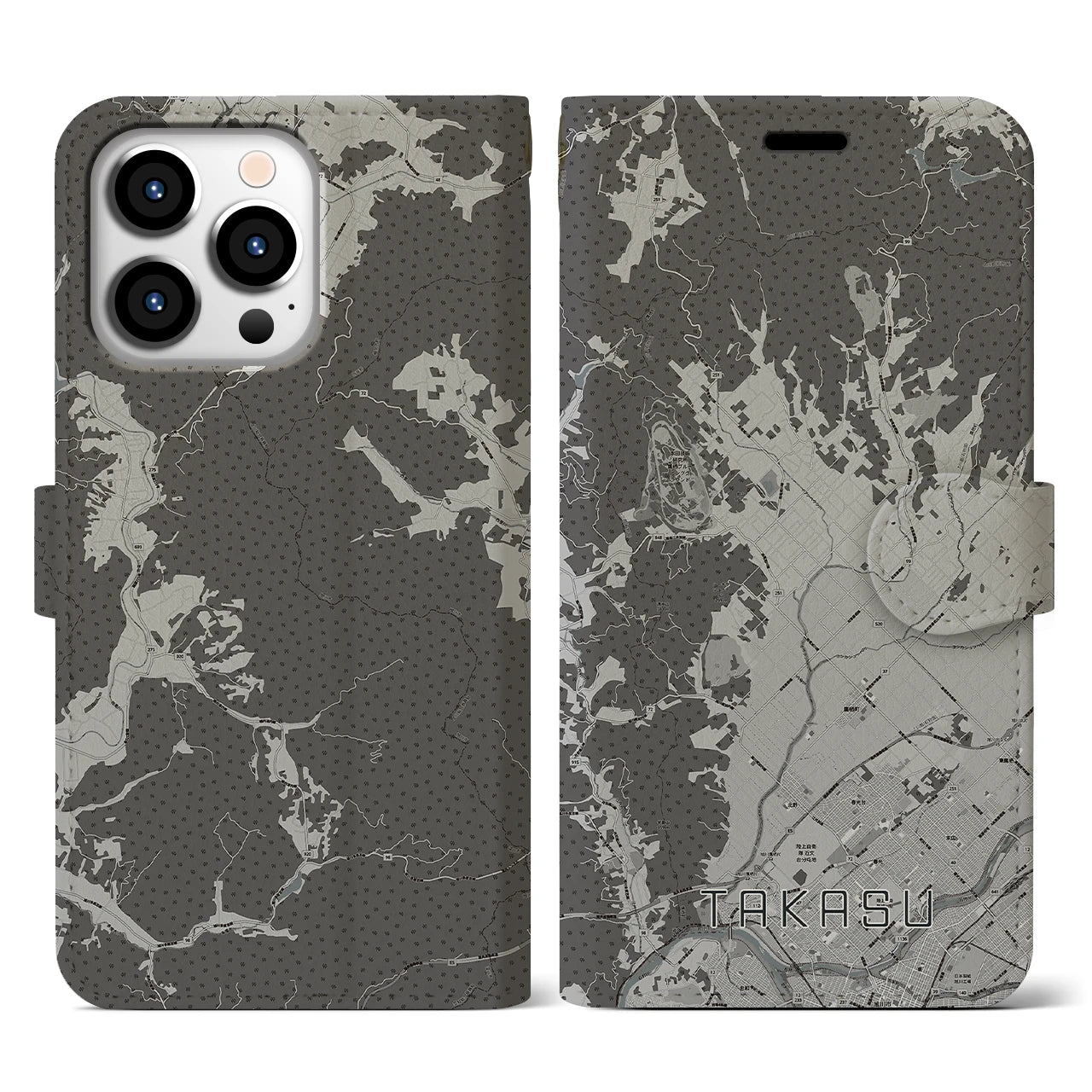 【鷹栖(北海道)】地図柄iPhoneケース(手帳タイプ)モノトーン・iPhone 13 Pro 用