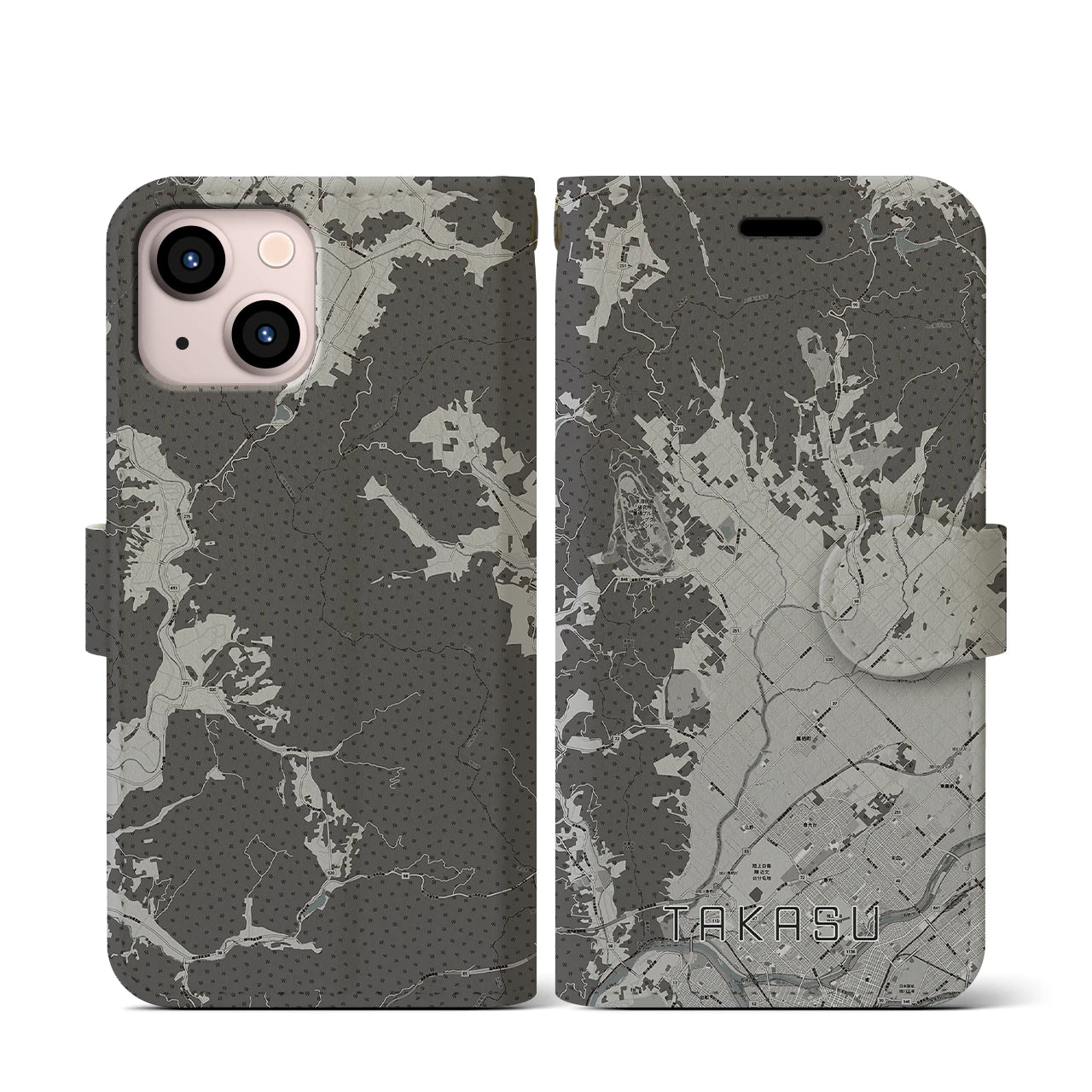 【鷹栖(北海道)】地図柄iPhoneケース(手帳タイプ)モノトーン・iPhone 13 mini 用