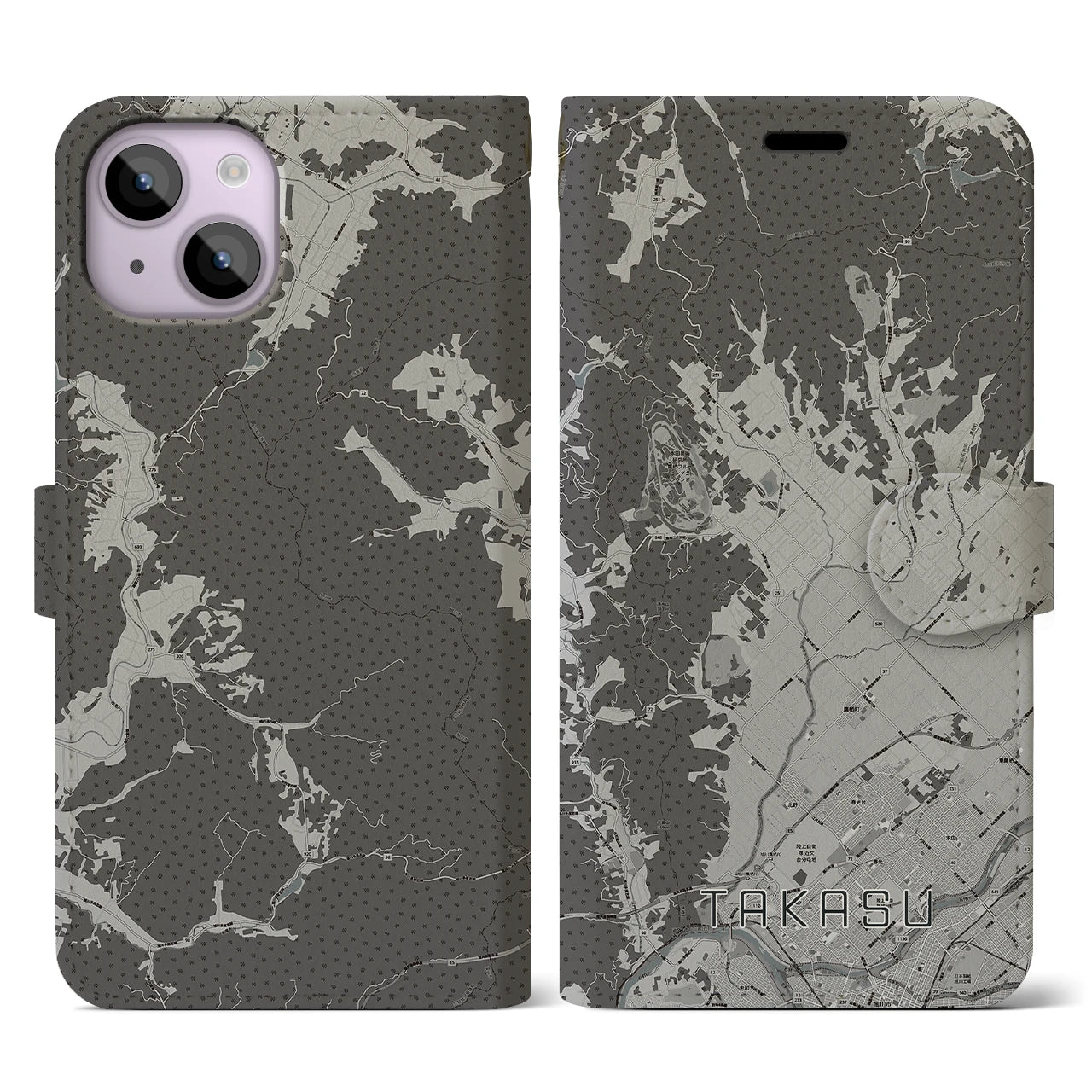 【鷹栖(北海道)】地図柄iPhoneケース(手帳タイプ)モノトーン・iPhone 14 用