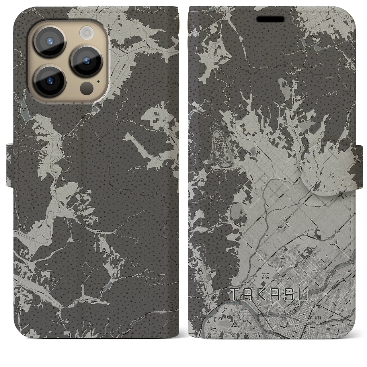 【鷹栖(北海道)】地図柄iPhoneケース(手帳タイプ)モノトーン・iPhone 14 Pro Max 用