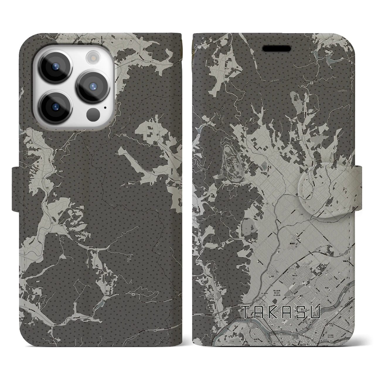 【鷹栖(北海道)】地図柄iPhoneケース(手帳タイプ)モノトーン・iPhone 14 Pro 用