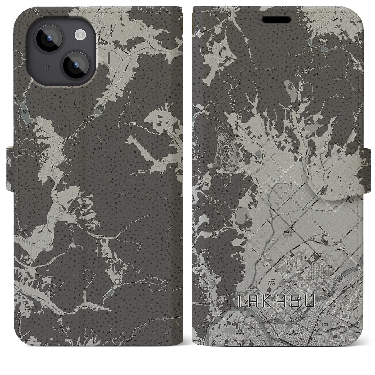 【鷹栖(北海道)】地図柄iPhoneケース(手帳タイプ)モノトーン・iPhone 14 Plus 用
