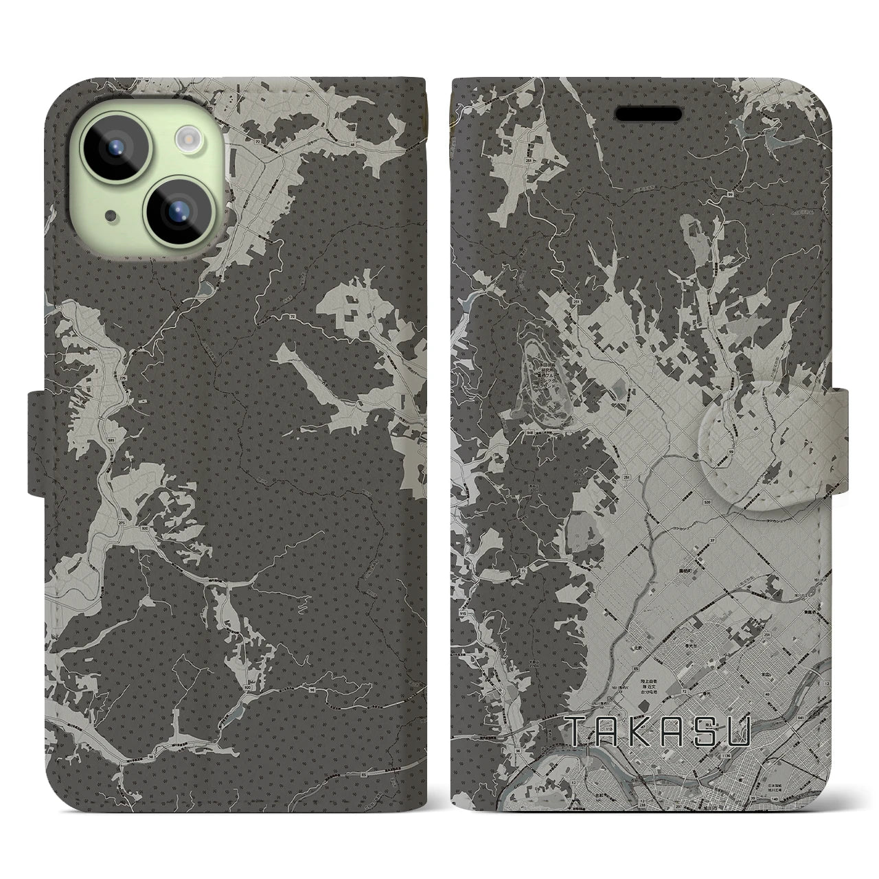 【鷹栖(北海道)】地図柄iPhoneケース(手帳タイプ)モノトーン・iPhone 15 用