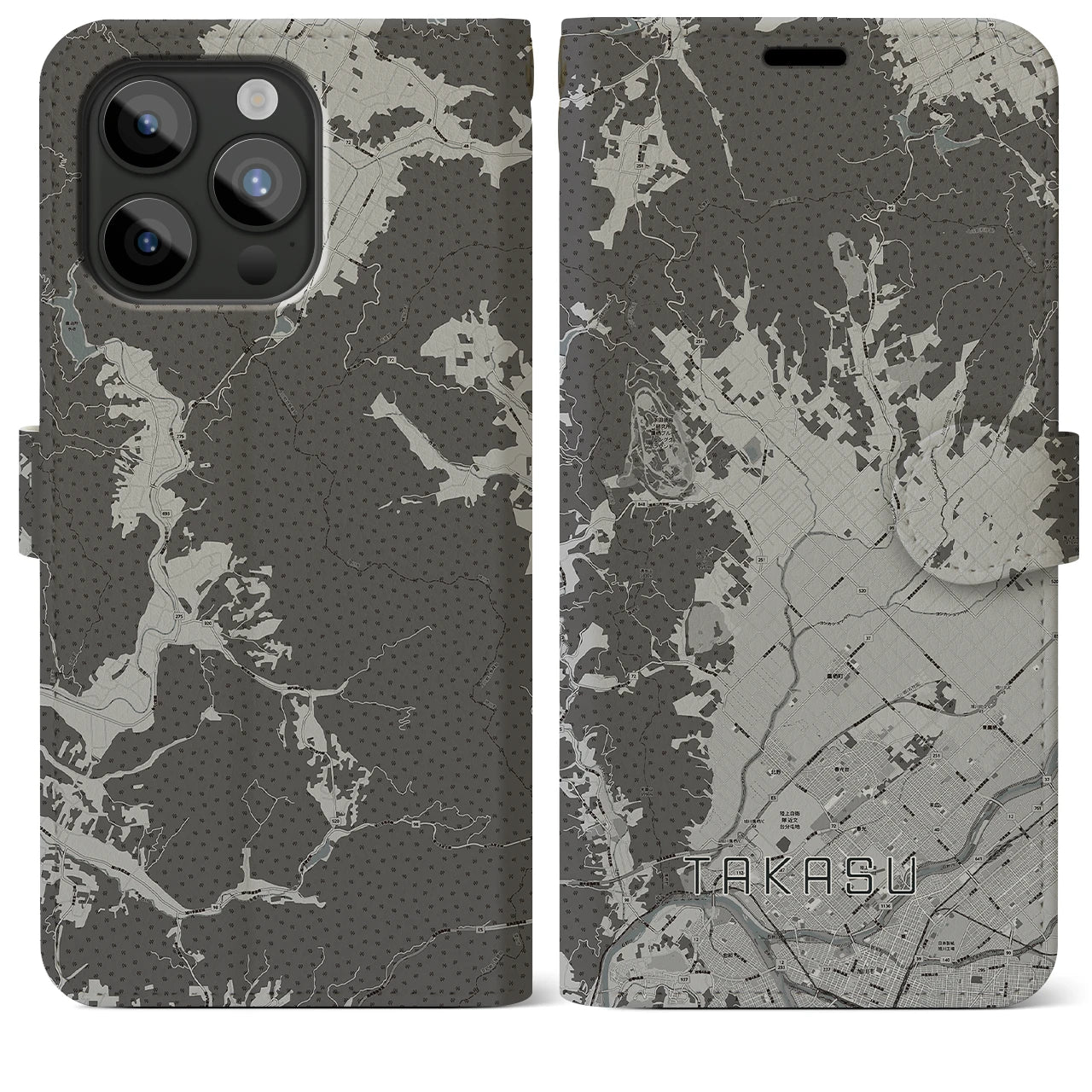 【鷹栖(北海道)】地図柄iPhoneケース(手帳タイプ)モノトーン・iPhone 15 Pro Max 用
