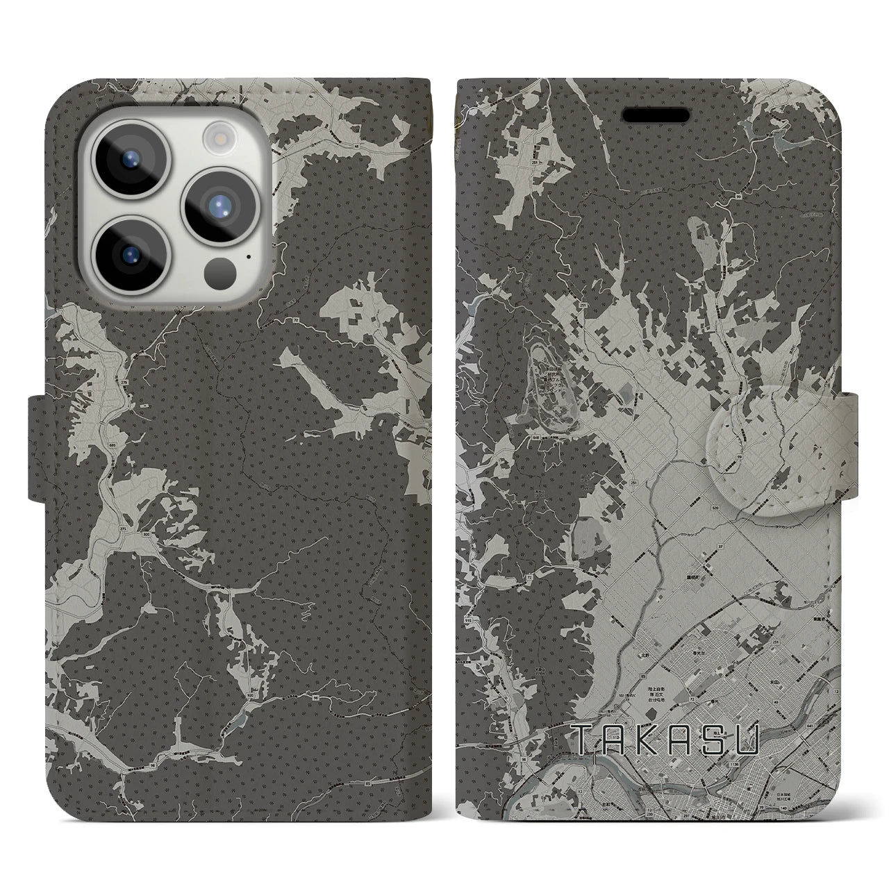 【鷹栖(北海道)】地図柄iPhoneケース(手帳タイプ)モノトーン・iPhone 15 Pro 用