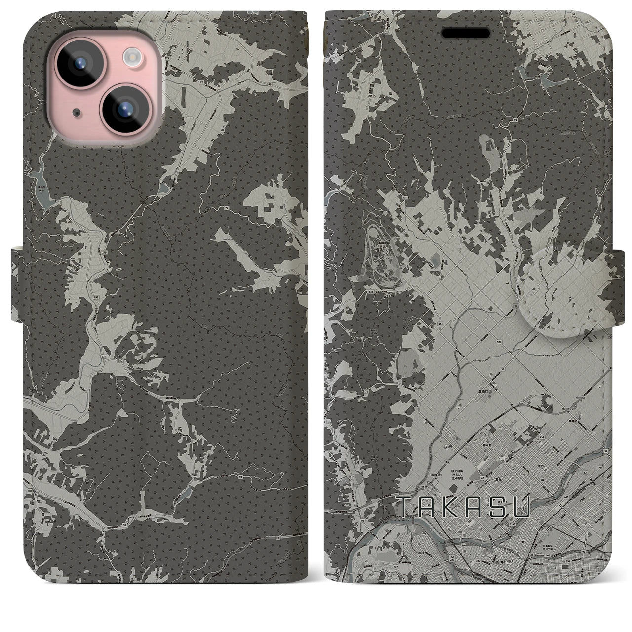 【鷹栖(北海道)】地図柄iPhoneケース(手帳タイプ)モノトーン・iPhone 15 Plus 用