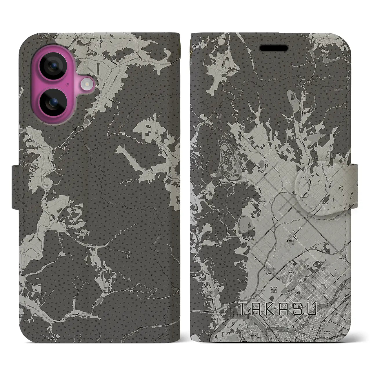 【鷹栖(北海道)】地図柄iPhoneケース(手帳タイプ)モノトーン・iPhone 16 Pro 用