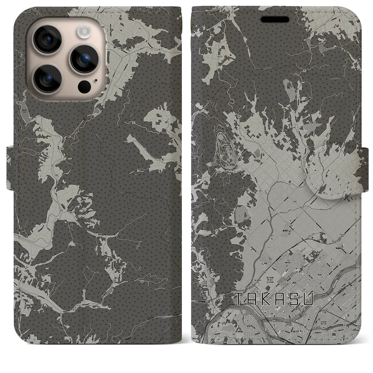 【鷹栖(北海道)】地図柄iPhoneケース(手帳タイプ)モノトーン・iPhone 16 Plus 用