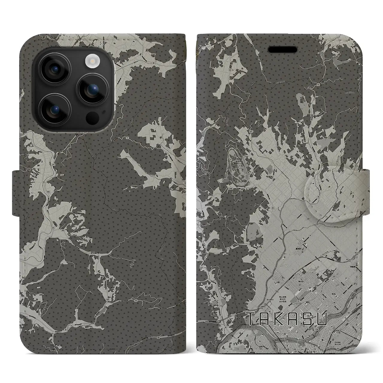 【鷹栖(北海道)】地図柄iPhoneケース(手帳タイプ)モノトーン・iPhone 16 用