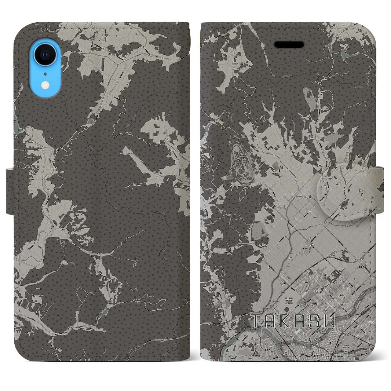 【鷹栖(北海道)】地図柄iPhoneケース(手帳タイプ)モノトーン・iPhone XR 用