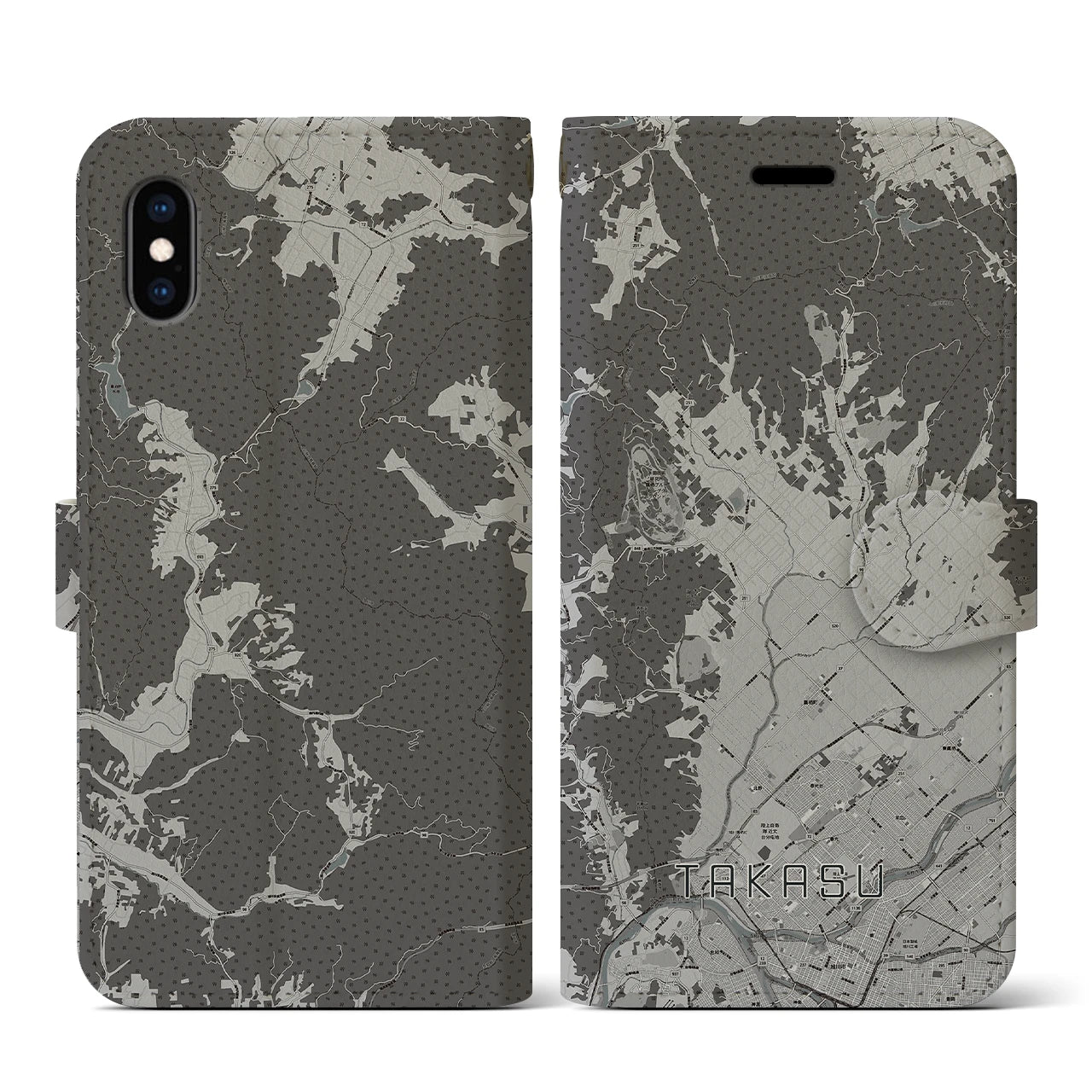 【鷹栖(北海道)】地図柄iPhoneケース(手帳タイプ)モノトーン・iPhone XS / X 用