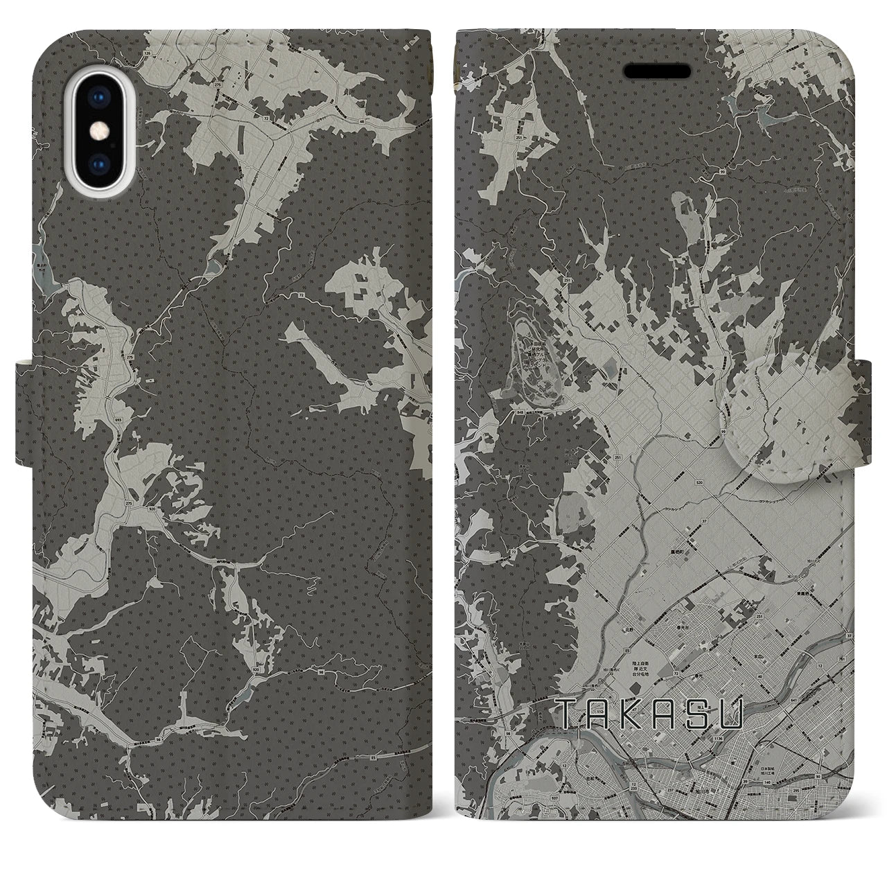 【鷹栖(北海道)】地図柄iPhoneケース(手帳タイプ)モノトーン・iPhone XS Max 用