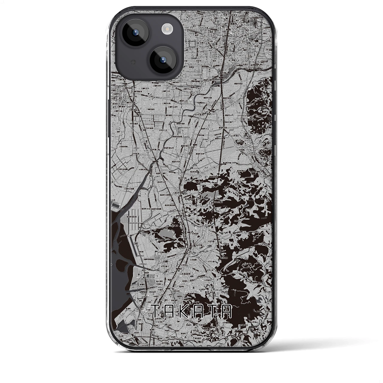 【高田(福岡県)】地図柄iPhoneケース(クリアタイプ)モノトーン・iPhone 14 Plus 用