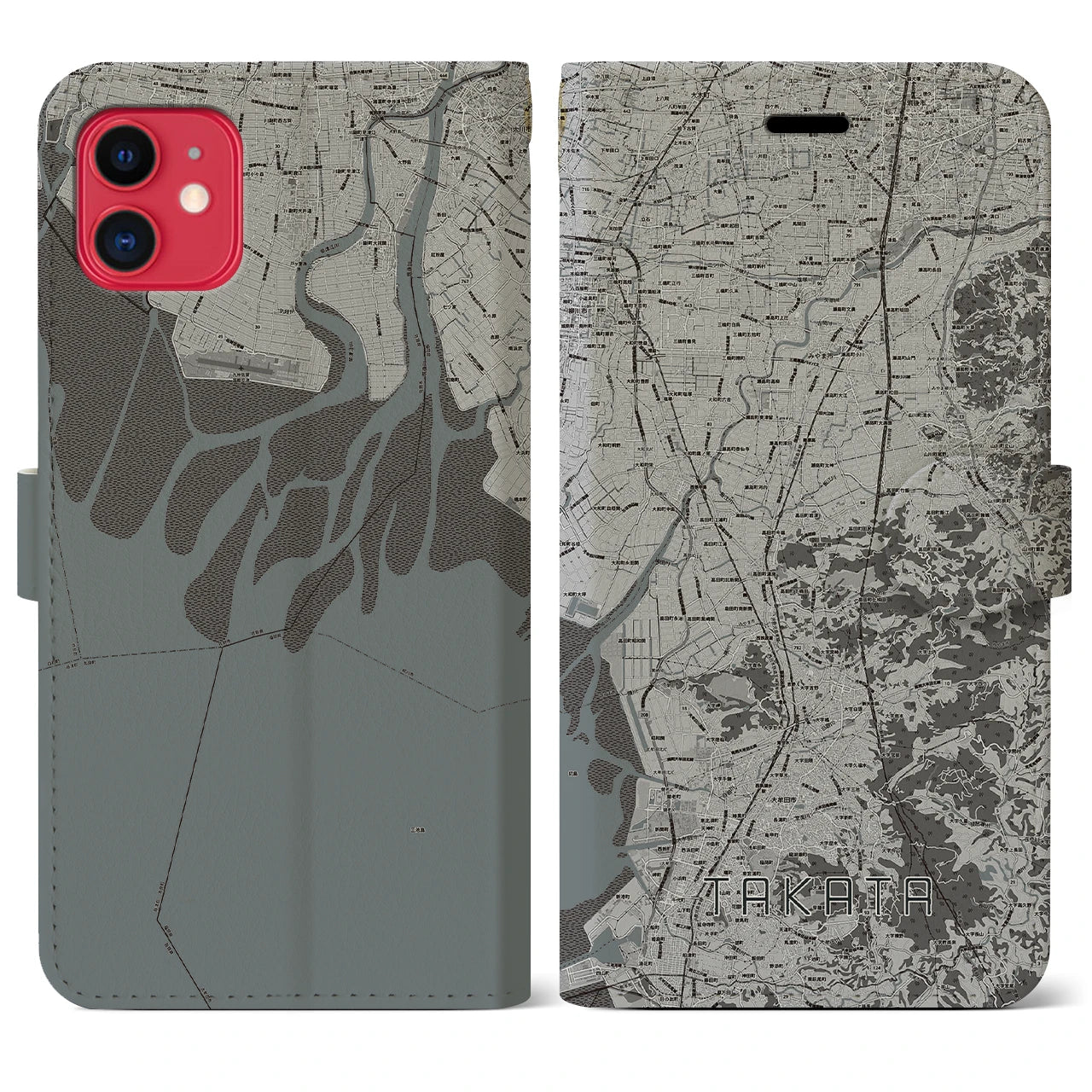 【高田(福岡県)】地図柄iPhoneケース(手帳タイプ)モノトーン・iPhone 11 用