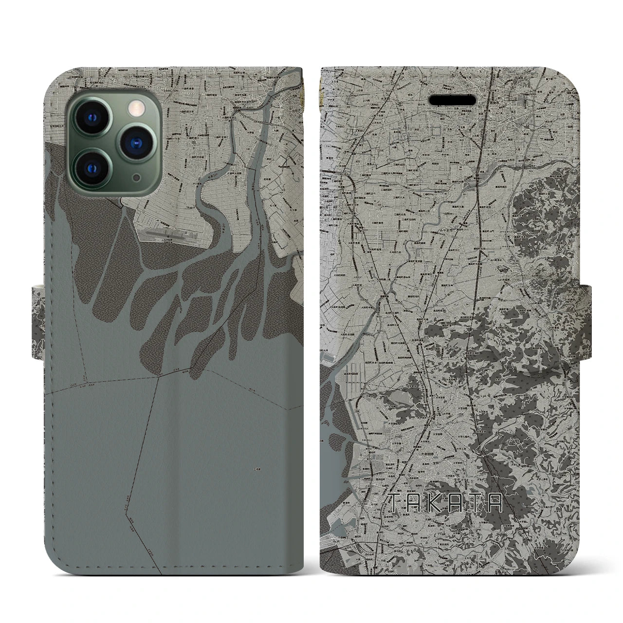 【高田(福岡県)】地図柄iPhoneケース(手帳タイプ)モノトーン・iPhone 11 Pro 用