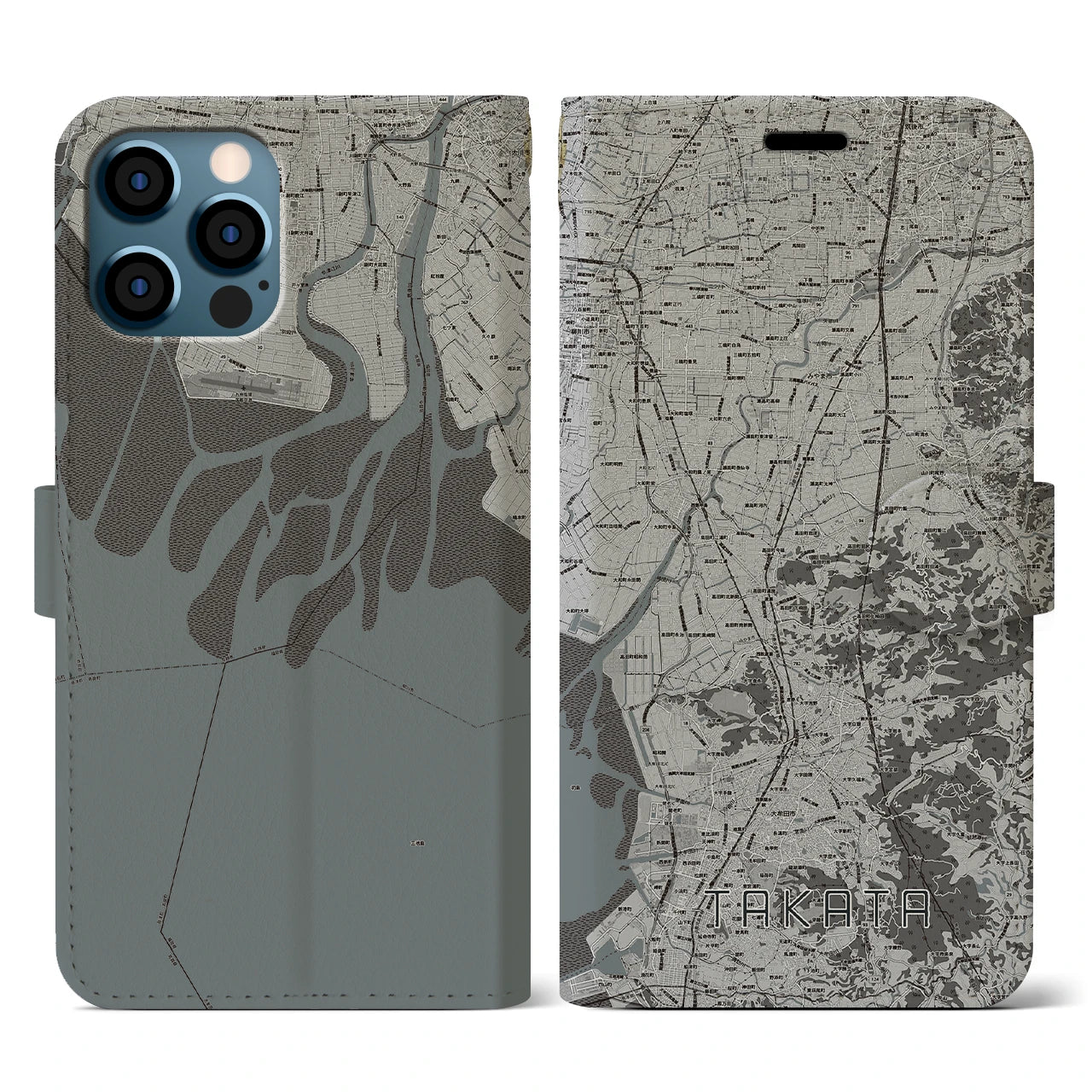 【高田(福岡県)】地図柄iPhoneケース(手帳タイプ)モノトーン・iPhone 12 / 12 Pro 用