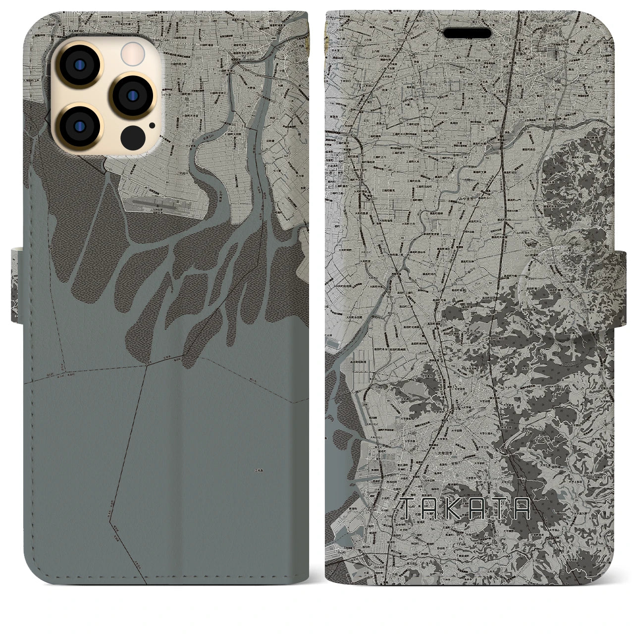 【高田(福岡県)】地図柄iPhoneケース(手帳タイプ)モノトーン・iPhone 12 Pro Max 用