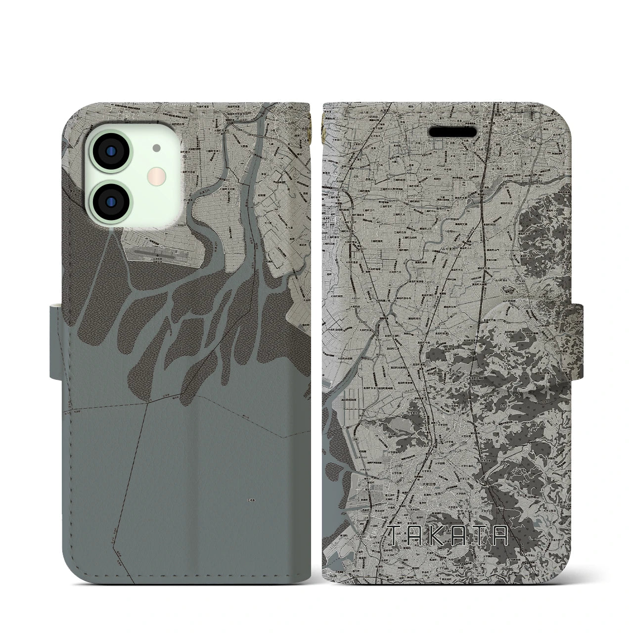 【高田(福岡県)】地図柄iPhoneケース(手帳タイプ)モノトーン・iPhone 12 mini 用