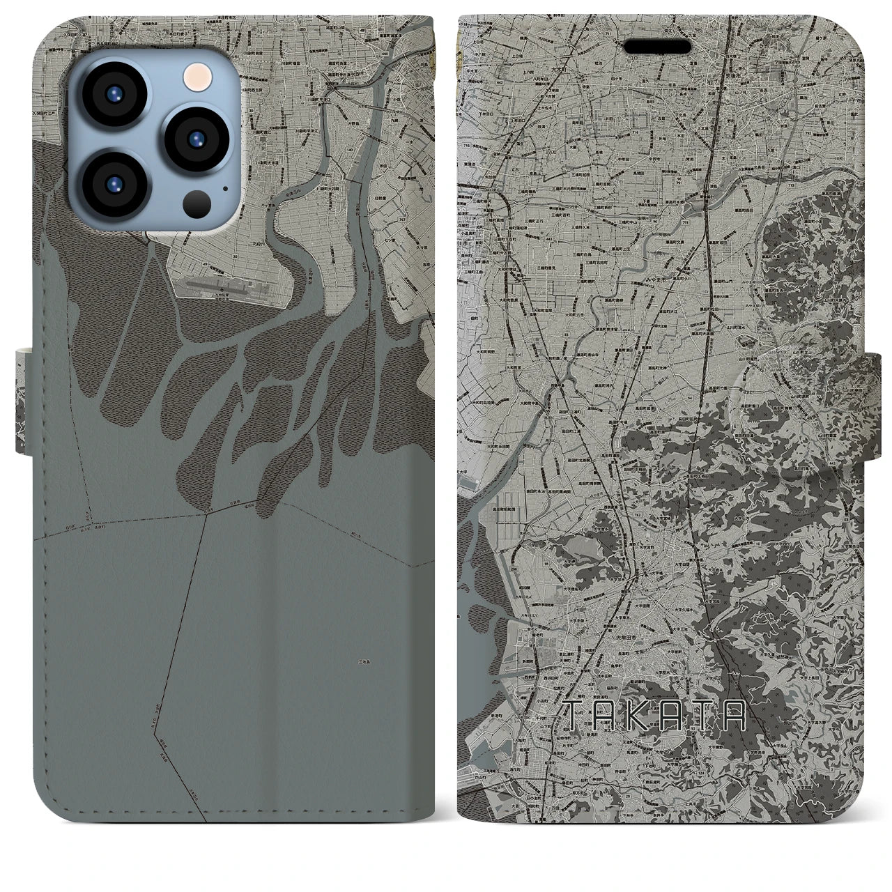 【高田(福岡県)】地図柄iPhoneケース(手帳タイプ)モノトーン・iPhone 13 Pro Max 用