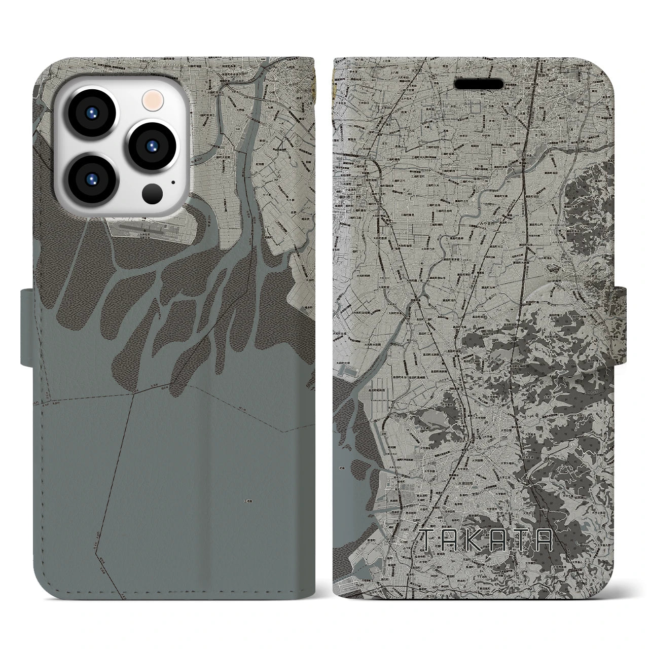 【高田(福岡県)】地図柄iPhoneケース(手帳タイプ)モノトーン・iPhone 13 Pro 用