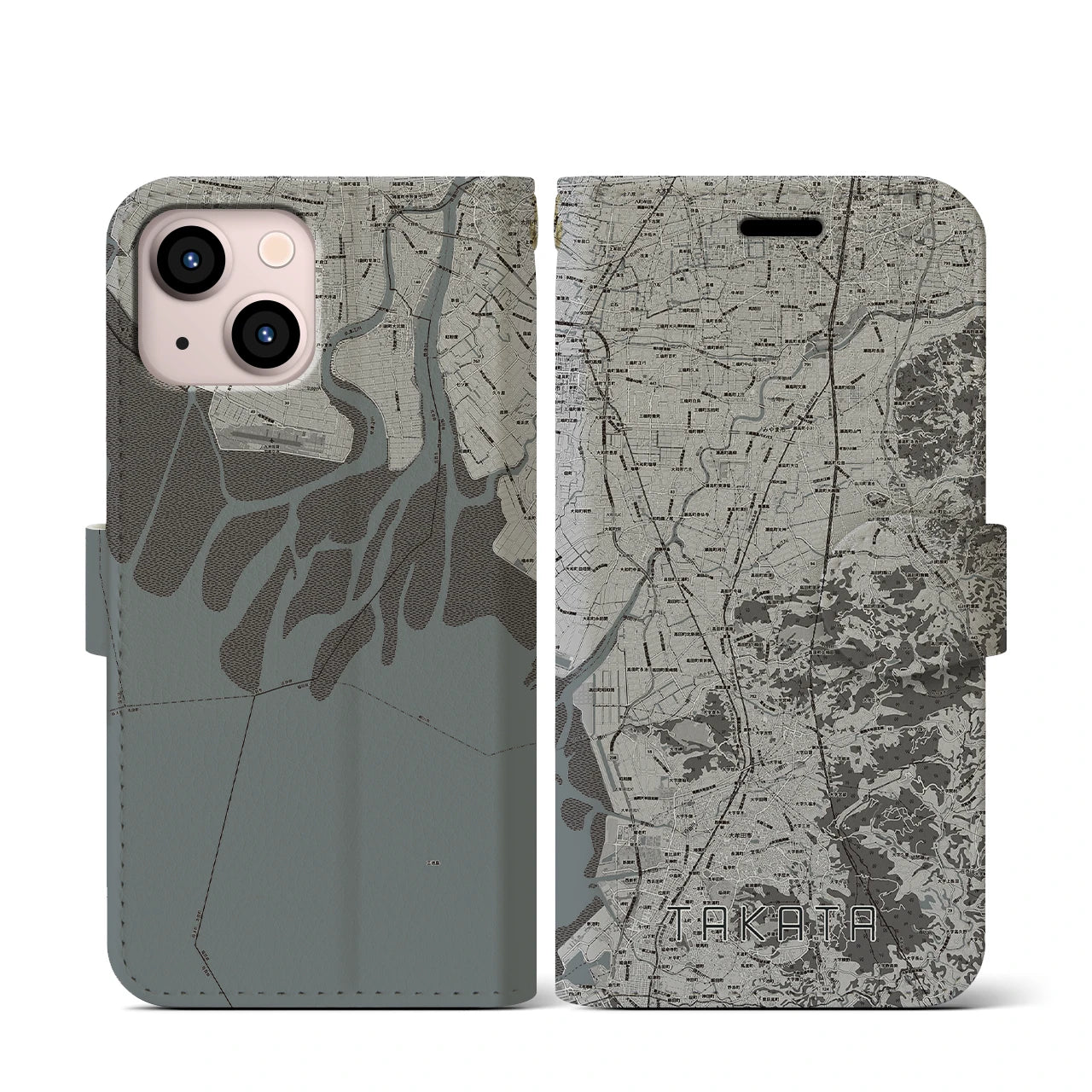 【高田(福岡県)】地図柄iPhoneケース(手帳タイプ)モノトーン・iPhone 13 mini 用