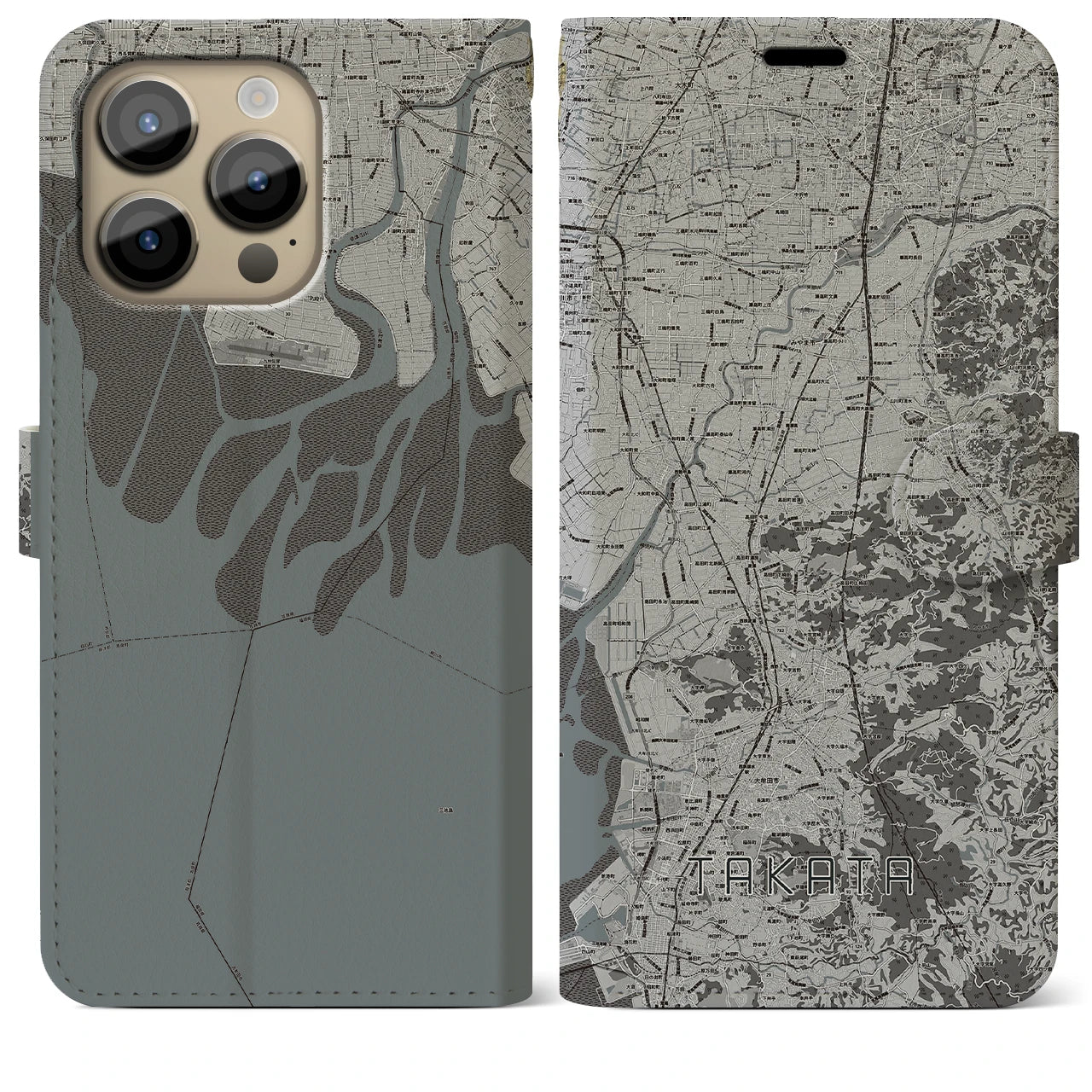 【高田(福岡県)】地図柄iPhoneケース(手帳タイプ)モノトーン・iPhone 14 Pro Max 用